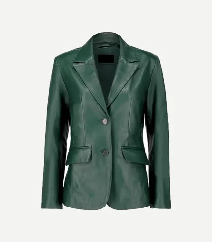 Green Leather Blazer showing a front view with high-quality tonal buttons and precision stitching in a dark olive hue.