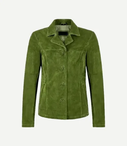 Green Suede Blazer in a deep forest shade featuring a soft-touch matte finish and a modern tailored silhouette.