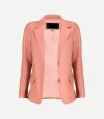 Pink Leather Blazer in a soft blush tone featuring a smooth matte finish and a modern tailored silhouette for women.