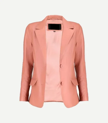 Pink Leather Blazer in a soft blush tone featuring a smooth matte finish and a modern tailored silhouette for women.