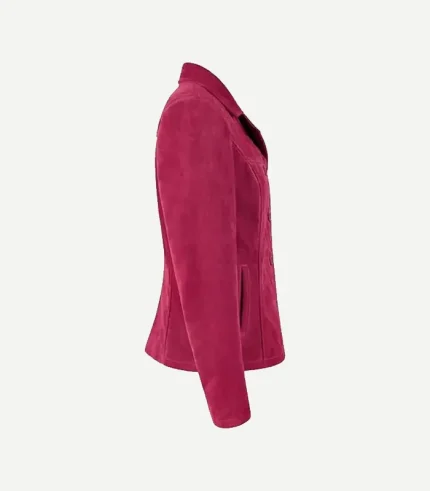 Pink Suede Blazer in a soft blush tone featuring a velvety matte finish and a modern tailored silhouette for women.