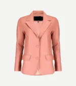 Pink Leather Blazer showing a front view with high-quality tonal buttons and precision stitching in a vibrant rose shade.