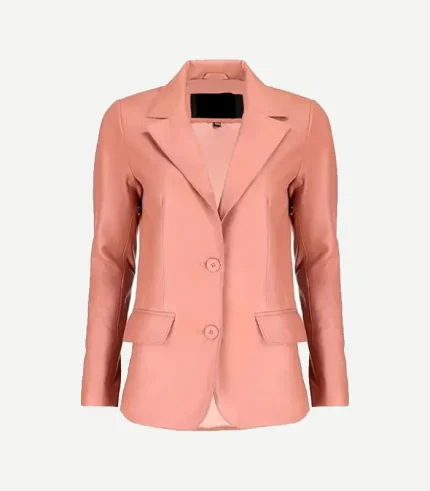Pink Leather Blazer showing a front view with high-quality tonal buttons and precision stitching in a vibrant rose shade.