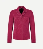 Pink Suede Blazer showing a front view with high-quality tonal buttons and precision stitching in a vibrant rose shade.