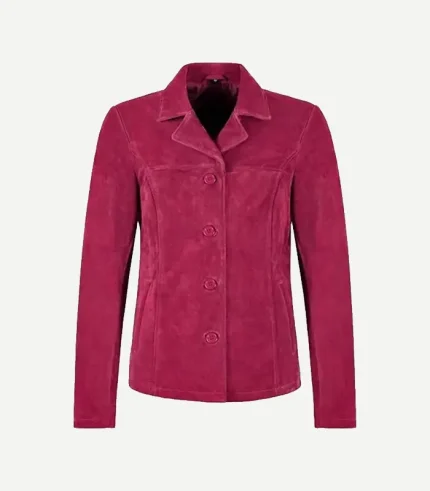 Pink Suede Blazer showing a front view with high-quality tonal buttons and precision stitching in a vibrant rose shade.