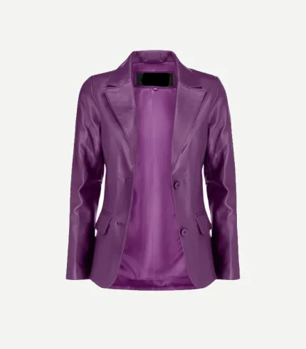 Purple Leather Blazer in a rich plum tone featuring a smooth matte finish and a modern tailored silhouette for women.