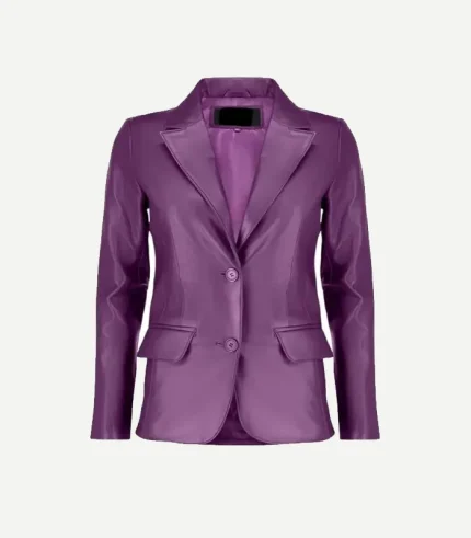 Purple Leather Blazer showing a front view with high-quality tonal buttons and precision stitching in a vibrant violet shade.