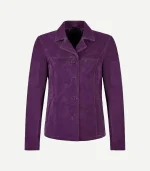 Purple Suede Blazer showing a front view with high-quality tonal buttons and precision stitching in a vibrant violet shade.