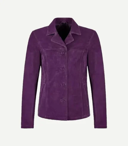 Purple Suede Blazer showing a front view with high-quality tonal buttons and precision stitching in a vibrant violet shade.