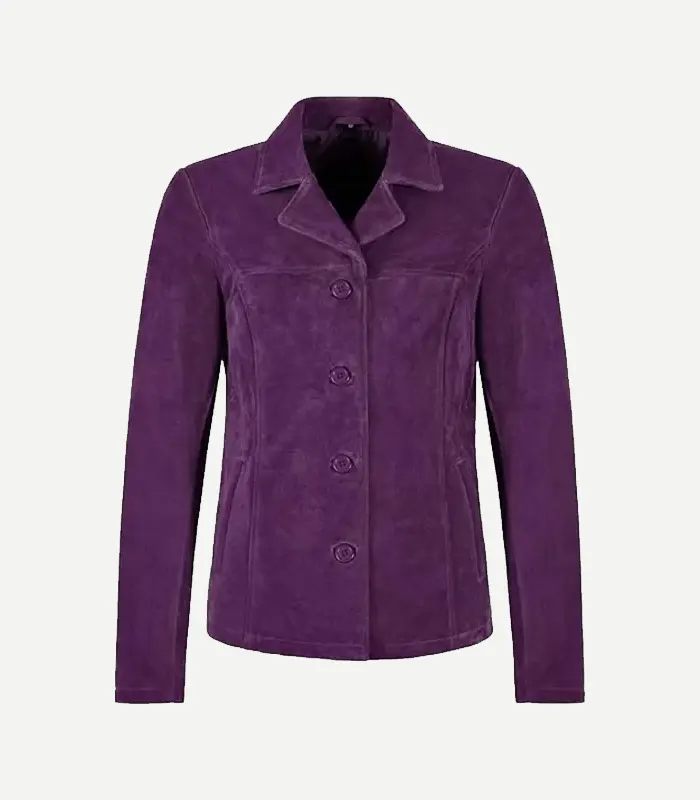 Womens Purple Suede Blazer Purple Suede Blazer showing a front view with high-quality tonal buttons and precision stitching in a vibrant violet shade.
