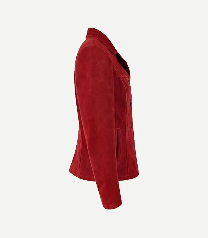 Red Suede Blazer in a vibrant crimson hue featuring a soft matte finish and a modern tailored silhouette for women.