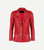 Red Leather Blazer in a vibrant crimson shade featuring high-quality tonal buttons and a tailored feminine silhouette.