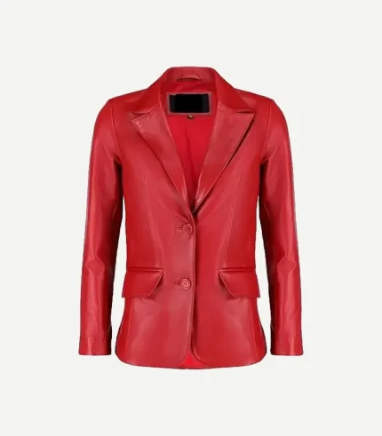 Red Leather Blazer in a vibrant crimson shade featuring high-quality tonal buttons and a tailored feminine silhouette.