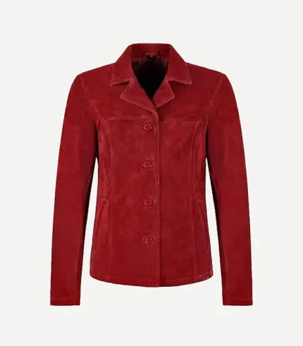 Red Suede Blazer showing a front view with high-quality tonal buttons and precision stitching in a deep cherry red.