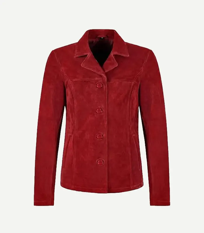 Red Suede Blazer showing a front view with high-quality tonal buttons and precision stitching in a deep cherry red.