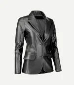 Black Leather Blazer styled with a minimalist one-button closure and a premium polished texture in a rich black shade.