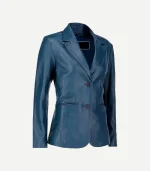 Blue Leather Blazer styled with a minimalist single-breasted closure and precision stitching in a vibrant cobalt shade.