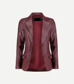 Burgundy Leather Blazer styled with a single-breasted front and a minimalist design in a premium polished leather material.
