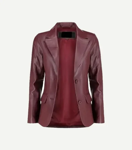 Burgundy Leather Blazer styled with a single-breasted front and a minimalist design in a premium polished leather material.