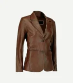 Dark Brown leather blazer featuring a single-breasted front with structured shoulders and a streamlined, feminine silhouette.