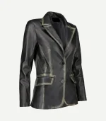 Distressed Black Leather Blazer styled with a single-breasted front, structured shoulders, and a streamlined silhouette.