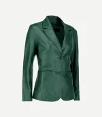 Green Leather Blazer styled with a single-breasted front, structured shoulders, and a streamlined, feminine silhouette.