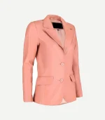 Pink Leather Blazer styled with a single-breasted front, structured shoulders, and a streamlined, feminine silhouette.