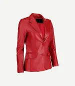 Red Leather Blazer featuring a single-breasted front with structured shoulders and a streamlined, modern fit for women.
