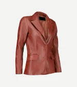 Tan Leather Blazer featuring a single-breasted front with structured shoulders and a streamlined, modern fit for women.