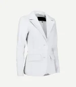White Leather Blazer featuring a single-breasted front with structured shoulders and a streamlined, modern fit for women.