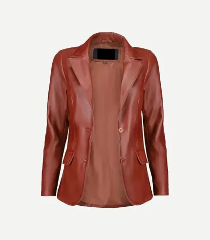 Tan Leather Blazer in a soft camel tone featuring high-quality tonal buttons and a tailored, feminine silhouette.