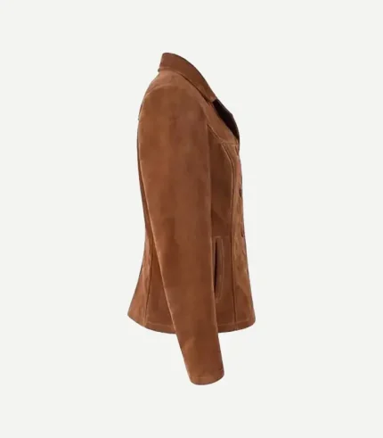 tan suede blazer for women in a soft camel tone featuring sharp notch lapels and a modern tailored silhouette.