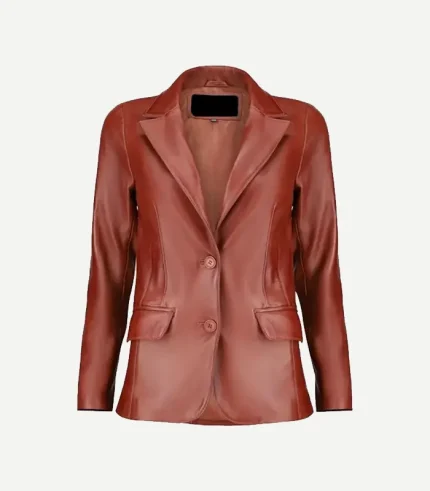 Tan Leather Blazer showing a front view with sharp notch lapels and precision stitching in a vibrant sand-colored finish.