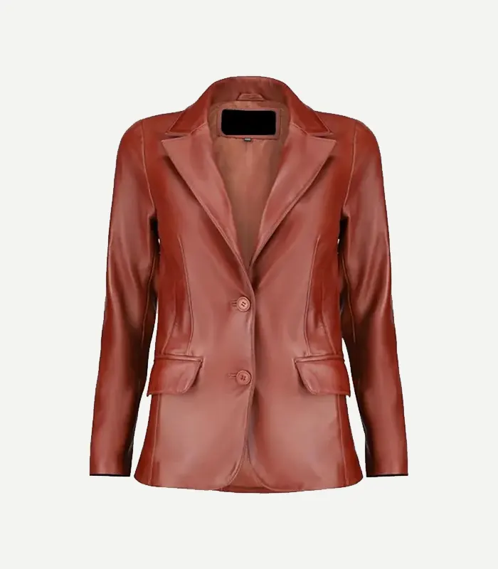 Womens Tan Leather Blazer Tan Leather Blazer showing a front view with sharp notch lapels and precision stitching in a vibrant sand-colored finish.