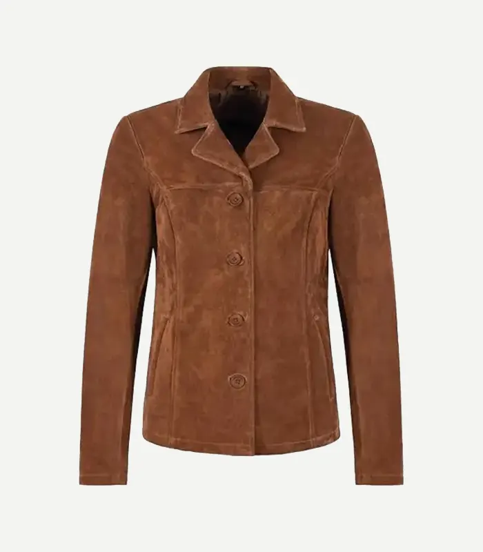 Womens Tan Suede Blazer tan suede blazer showing a front view with high-quality tonal buttons and precision stitching in a deep sand shade.