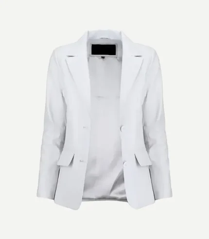 White Leather Blazer for women in a soft milk-white tone featuring sharp notch lapels and a tailored, modern fit.