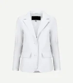White Leather Blazer in a crisp ivory shade featuring high-quality tonal buttons and a tailored feminine silhouette.