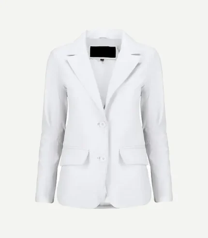 White Leather Blazer in a crisp ivory shade featuring high-quality tonal buttons and a tailored feminine silhouette.