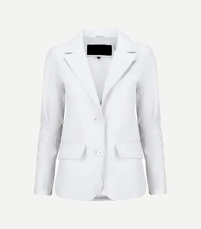 Womens White Leather Blazer White Leather Blazer in a crisp ivory shade featuring high-quality tonal buttons and a tailored feminine silhouette.