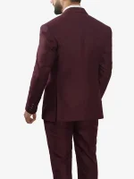 A men’s deep burgundy Mens Peak Lapel 3 Piece Burgundy Suit featuring a tailored jacket, matching vest, and trousers.