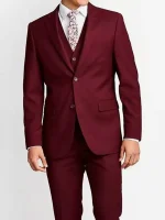 Front view of a men’s maroon suit with vest, featuring a buttoned blazer, matching waistcoat, and tailored trousers on a white background.