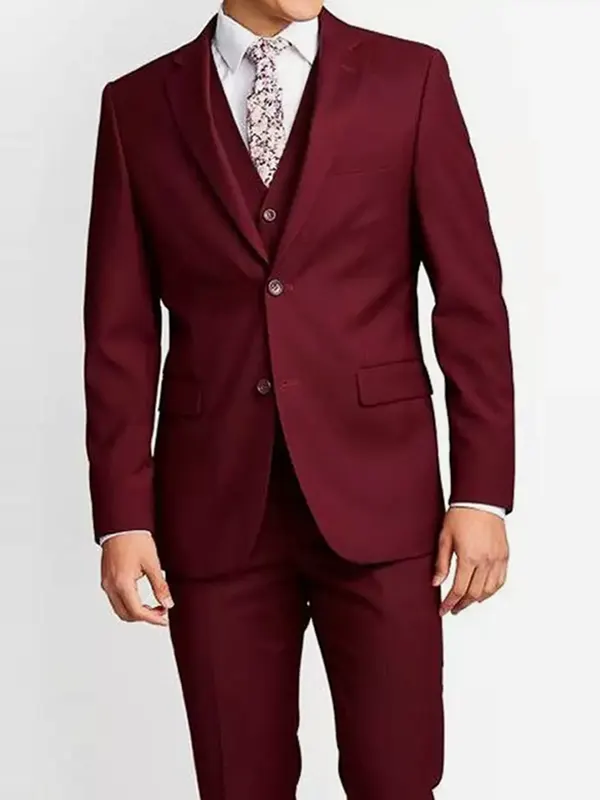 Front view of a men’s maroon suit with vest, featuring a buttoned blazer, matching waistcoat, and tailored trousers on a white background.