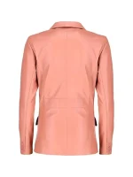 Back view of womens pink leather blazer with tailored fit