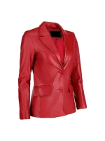 Angled view of red leather blazer with notch lapel and two-button front