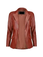 Front view of Tan Leather Blazer with inner lining