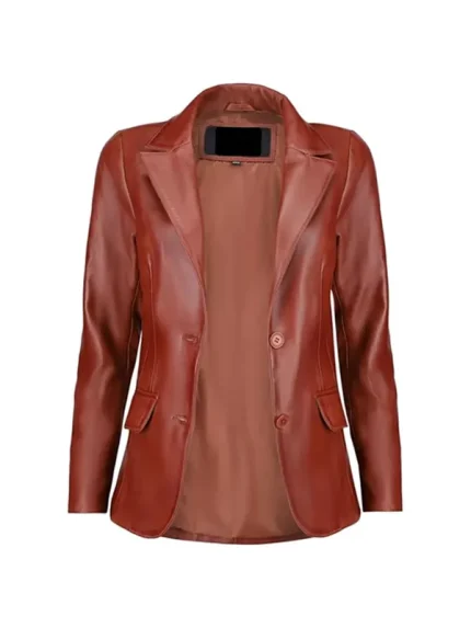 Front view of Tan Leather Blazer with inner lining