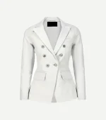 Womens double breasted white leather blazer with silver buttons.