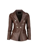 Front view of womens double breasted dark brown leather blazer with silver buttons and lapel