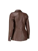 Back view of womens dark brown leather blazer showing tailored seams, fitted shape, and cuff buttons