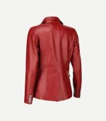 Back angled view of Womens Double Breasted Fancy Red Leather Blazer with fitted seams.